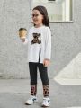 SHEIN Kids KDOMO Toddler Girls' Loose Fit Casual Round Neck Pullover T-shirt And Long Pants Set With Little Bear Pattern