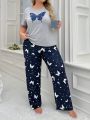 Plus Size Women'S Butterfly Print Short Sleeve Pants Homewear Set