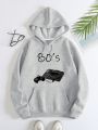 Car And Letter Graphic Drawstring Thermal Lined Hoodie