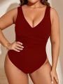 SHEIN Swim Basics Plus Size Women's Solid Color V-Neck Ruched One Piece Swimsuit New Year