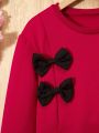 SHEIN Kids EVRYDAY Tween Girl'S Bow Decorated Drop Shoulder Round Neck Sweatshirt
