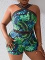 SHEIN Swim Vcay Plus Size Women'S One-Piece Swimsuit With Tropical Plant Print