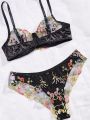 Women's Floral Embroidery Sheer Mesh Sexy Lingerie Set