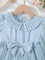 SHEIN Kids FANZEY Little Girls' Bowknot Decor Chiffon Pleated Dress For Spring/Autumn