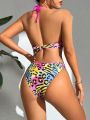 SHEIN Swim Vcay Women'S Full Print Criss-Cross Strap Halter Backless One-Piece Swimsuit