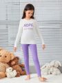 SHEIN Kids Nujoom Tween Girl Letter Graphic Tee & Pants PJ Set