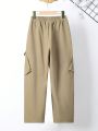 SHEIN Tween Boys' Loose Casual Woven Solid Color Wide-Leg Cargo Trousers