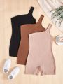 SHEIN Kids EVRYDAY Big Girls' Knitted Solid Color One-Shoulder Casual Romper 3pcs/Set