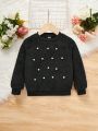 SHEIN Kids Academe Young Girl Pearls Beaded Fleece Sweatshirt