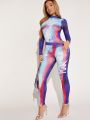 SHEIN SXY Long Sleeve Printed Jumpsuit And Leggings Set