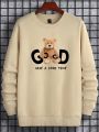 Extended Sizes Men's Plus Size Bear Slogan Printed Fleece Sweatshirt