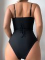 SHEIN Swim Chicsea Ladies' Fashionable One-Piece Swimsuit With Imitation Pearl Decorated Plunging Neckline Design