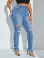 SHEIN SXY Plus Size Ripped Ruched Jeans With Fringed Hem