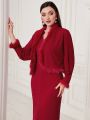 SHEIN Modely Women's Spliced Long Sleeve Coat And Halterneck Dress 2pcs/set