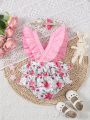 Baby Girl Floral Print Adorable Camisole Ruffle Romper With Bowknot, Summer