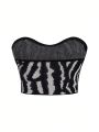 Plus Size Women's Black And White Printed Tube Top Knitted Top