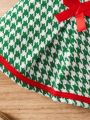 Young Girl Houndstooth Print Bow Front Jacket & Fold Pleated Skirt