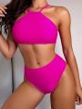 SHEIN Swim SPRTY Solid Color High-waisted Cutout Two-piece Swimsuit