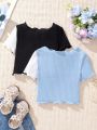 SHEIN Kids EVRYDAY Tween Girls' Knitted Contrast Color Cardigan And Casual T-Shirt Two Piece Set