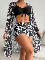 SHEIN Swim Vcay Women's Black & White Leaf Pattern Swimwear Set