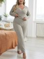 Plus Size Solid Colored V-neck Long Sleeve Pajama Set