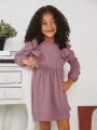 SHEIN Kids Cooltwn Young Girl Ruffle Trim Lantern Sleeve Smock Dress