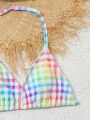 Teenage Girls' Gingham Print Halter Neck Bikini Swimsuit Set