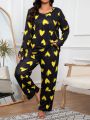 Plus Size Black Base Yellow Heart Print Casual Homewear Set With Long Sleeve And Long Pants