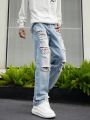 Men's Ripped Water Wash Straight Leg Jeans