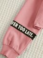 SHEIN Kids EVRYDAY Tween Girl Slogan Tape Panel High Low Hem Hoodie & Cami Top & Colorblock Leggings