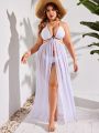 SHEIN Swim Vcay Plus Size Women'S Halter Neck With Waist Cutout And Side Split Hem Cover-Up Top