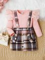 SHEIN Baby Girl Guipure Lace Ruffle Trim Tee & Plaid Print Suspender Skirt