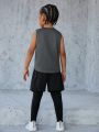 SHEIN Young Boy Loose Knitted Round Neck Sleeveless Sports Vest With Letter Print