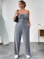 SHEIN Essnce Women's Plus Size Solid Color Pleated Button Front Bustier Top And Straight Pants Two Piece Suit