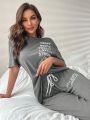 Slogan Graphic Tee & Drawstring Waist Pants Lounge Set