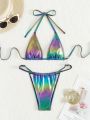 SHEIN Swim SXY Reflective Halter Neck Mini Triangle Cup Swimsuit Set