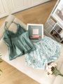 Floral Print Lace Detail Tie Front Satin PJ Set