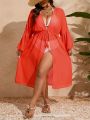 SHEIN Swim Vcay Plus Size Solid Color Lantern Sleeve Waist Cinching Kimono Dress