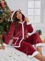 Plus Christmas Contrast Trim Hooded Flannel PJ Set