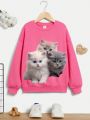 Girls' Fluffy Patterned Long Sleeve Round Neck Sweatshirt, Suitable For Autumn And Winter