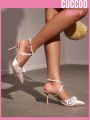 Cuccoo Party Collection Rhinestone & Bow Decor Satin Point Toe Heeled Ankle Strap Pumps