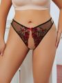 Plus Size Women'S Sexy Open Crotch Rose Embroidered Panties, Valentine'S Day Style