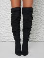 Faux Suede Diamante Heeled Ruched Thigh High Booties