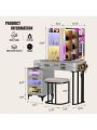 Kasibie RGB LED Lights Makeup Vanity Set,Grey Vanity Desk with Glam Glass Top&Hair Dryer Holder,Dressing table with USB&Wireless Charging Station,Makeup Desk with Visible 6Drawers,Open Storage ShelvesRGB LED Lights Makeup Vanity Set,Grey Vanity Desk