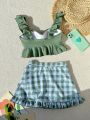 Ruffled Strapless Top & Plaid Print Skirt Bikini Set