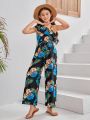 SHEIN Kids SUNSHNE Tween Girls' Woven Tropical Printed Sleeveless Wide Leg Casual Jumpsuit For Beach Vacation