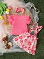 Baby Girl'S Ruffle Trim Ribbed T-Shirt And Floral Printed Overall Skirt Set