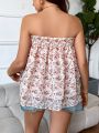 Plus Size Women'S Floral Printed Strapless Top With Ruffled Hemline