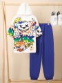 SHEIN Kids HYPEME Boys' Casual Street Style Hooded Short Sleeve Top And Solid Color Knit Pants Set