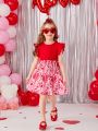 SHEIN Kids QTFun Toddler Girls' Heart Printed Patchwork Flying Sleeve Dress